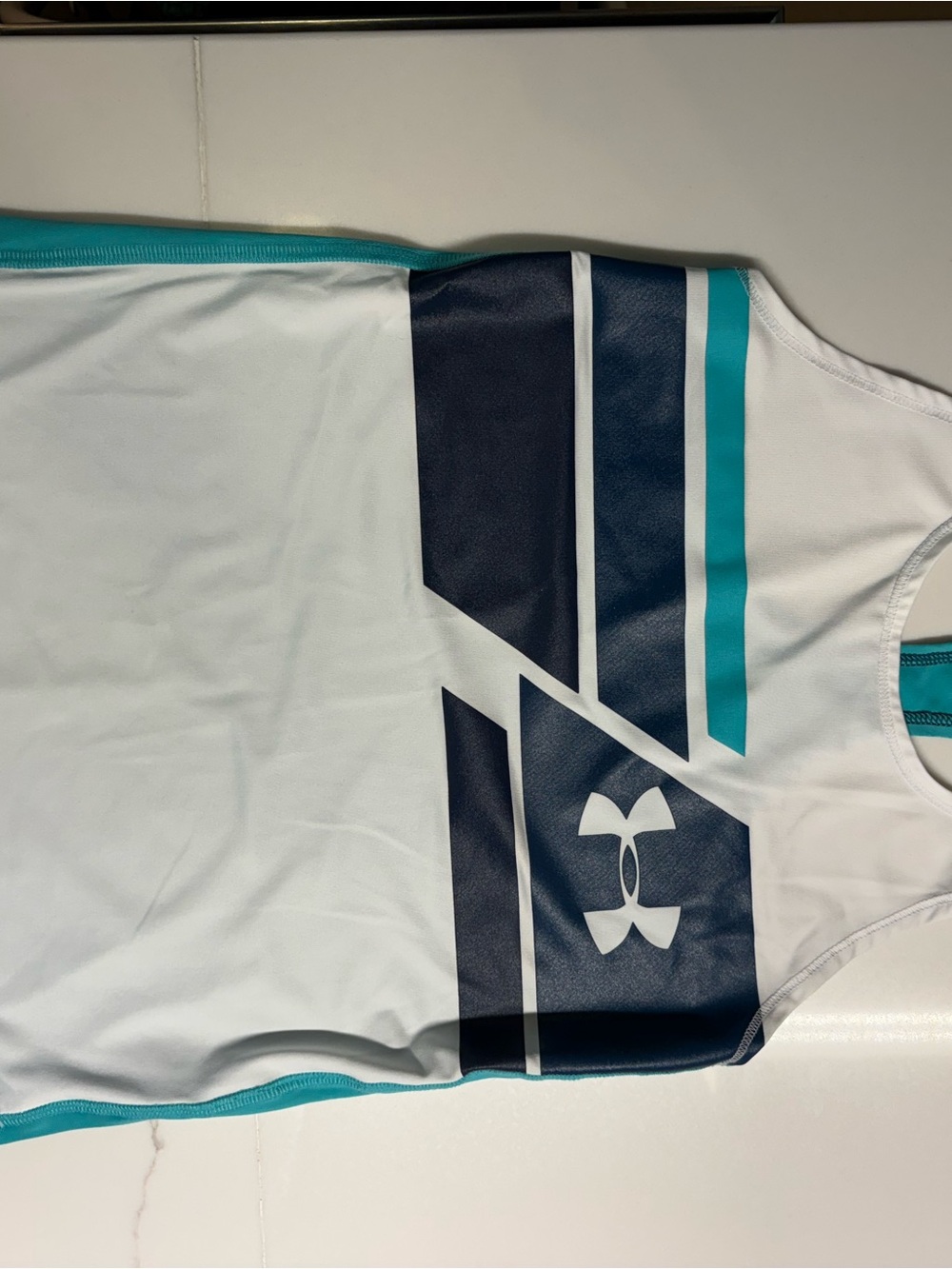 Under Armour White Tank with Navy and Teal Stripe Accents